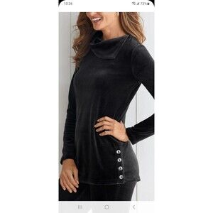 Talbots black Luxe velour split cowlneck tunic 1X plus sz buttons pullover top